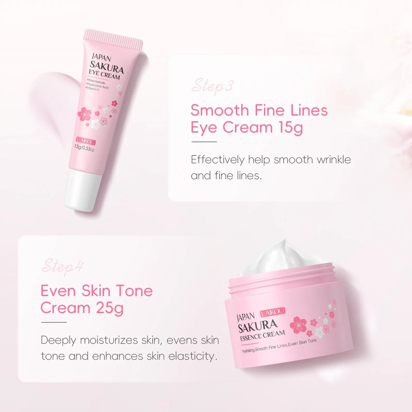 4 PCS Face Skin Care Set Cleanser Sakura Essence Cream Moisturizing Eye Cream Face Serum Improve Roughness & Dryness Skin Care