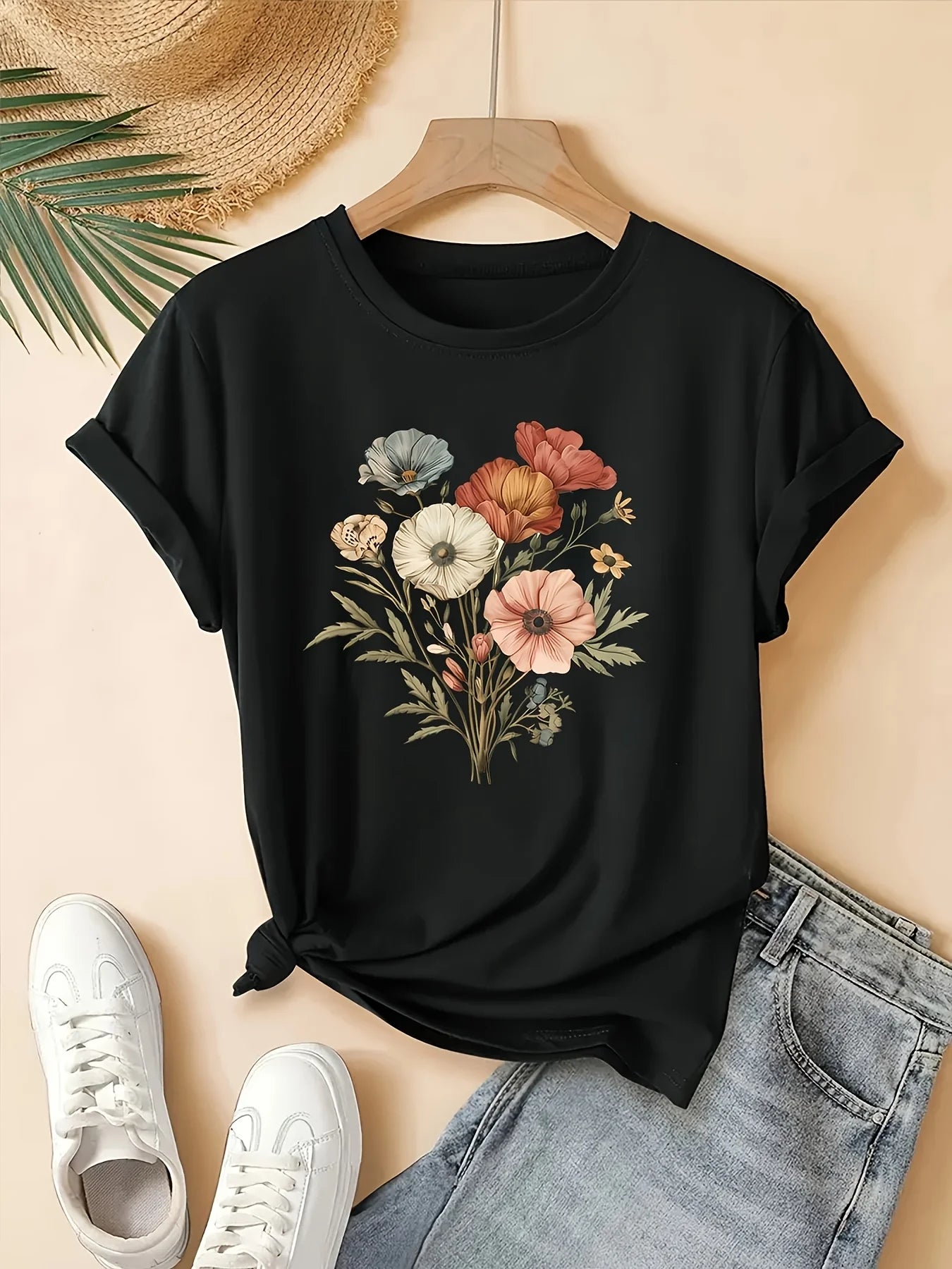 [Floral Fashion Tee] Breathable Polyester Women's Casual Fashion T-Shirt - Crew Neck Short Sleeve Colorful Floral Prin Machine