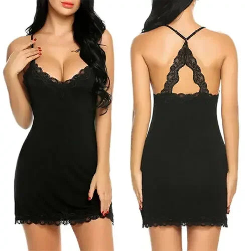 Summer Women's Fashionable Silk Satin Patchwork Lace Suspender with Back Lace Decoration Dress for Home Pajamas