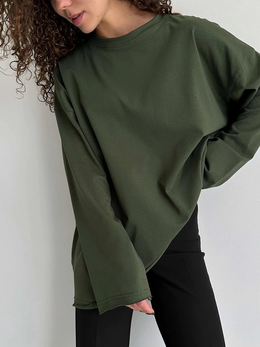 Bornladies Women Autumn 100% Cotton T-shirt Bottoming Spring Basic Fashionable Solid Lady Long Sleeve Loose Tops Shirts