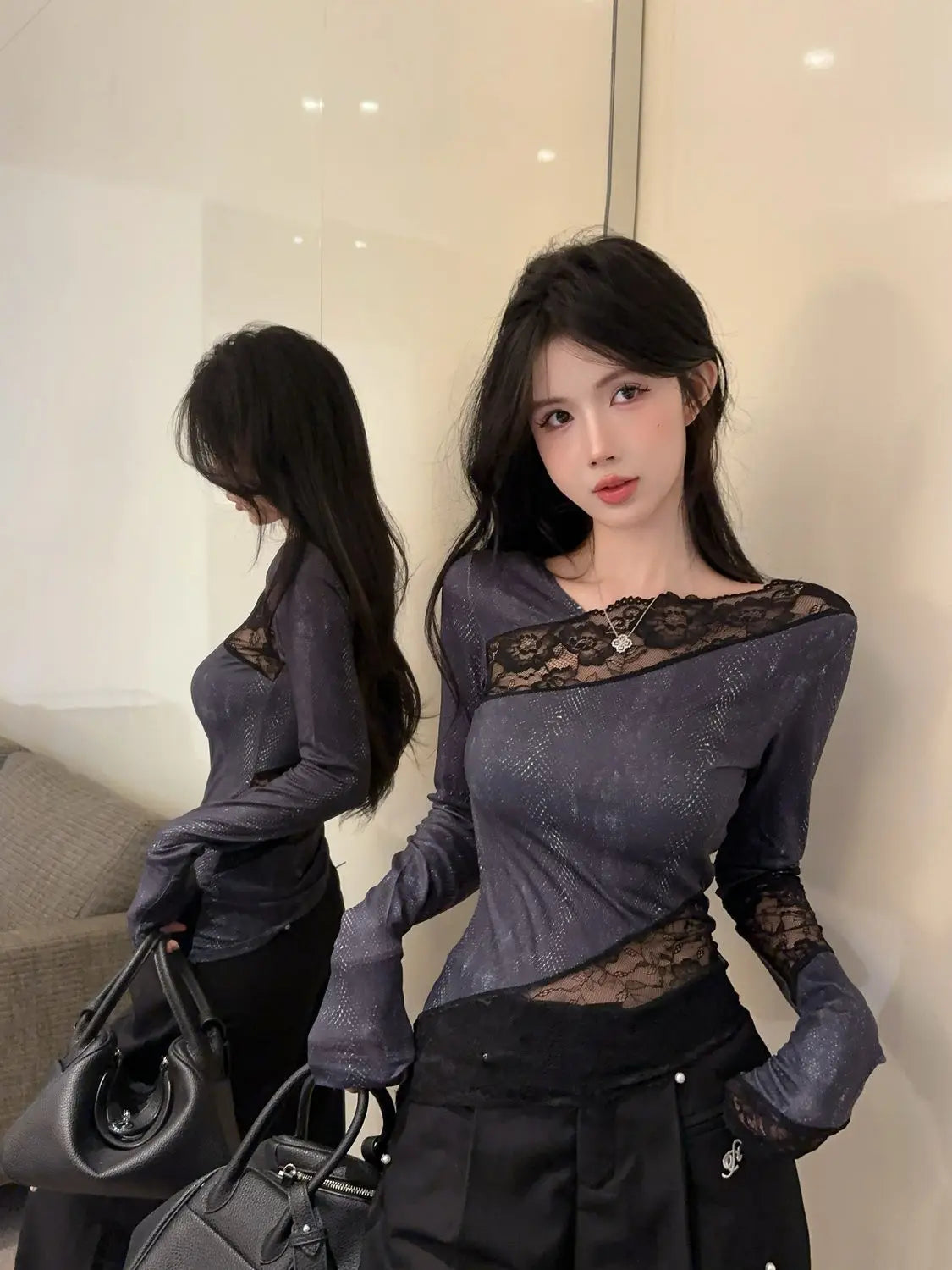 Hot Girl Style Lace Retro Long-sleeved T-shirt in Spring Wear Fashionable Slim Fit and Irregular Top