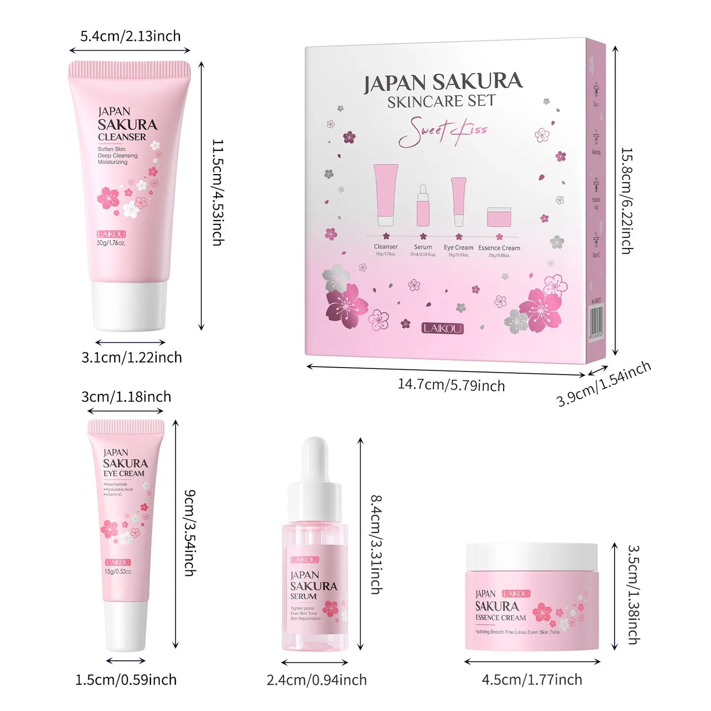 4 PCS Face Skin Care Set Cleanser Sakura Essence Cream Moisturizing Eye Cream Face Serum Improve Roughness & Dryness Skin Care