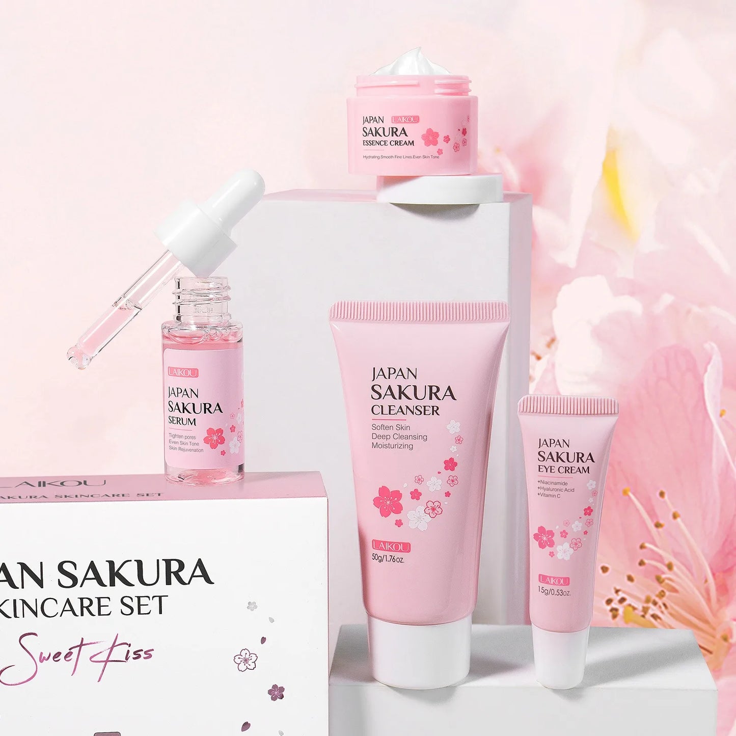4 PCS Face Skin Care Set Cleanser Sakura Essence Cream Moisturizing Eye Cream Face Serum Improve Roughness & Dryness Skin Care