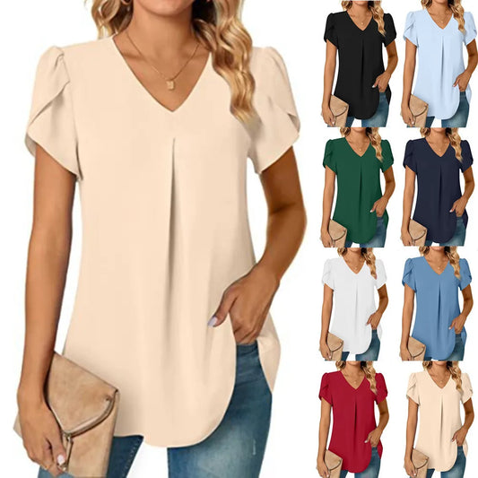 Sexy V Neck Ruffle Short Sleeve Blouse Shirts Summer Women V Neck Solid Color Loose OL Workout Blouse Tops SZE-ST23015