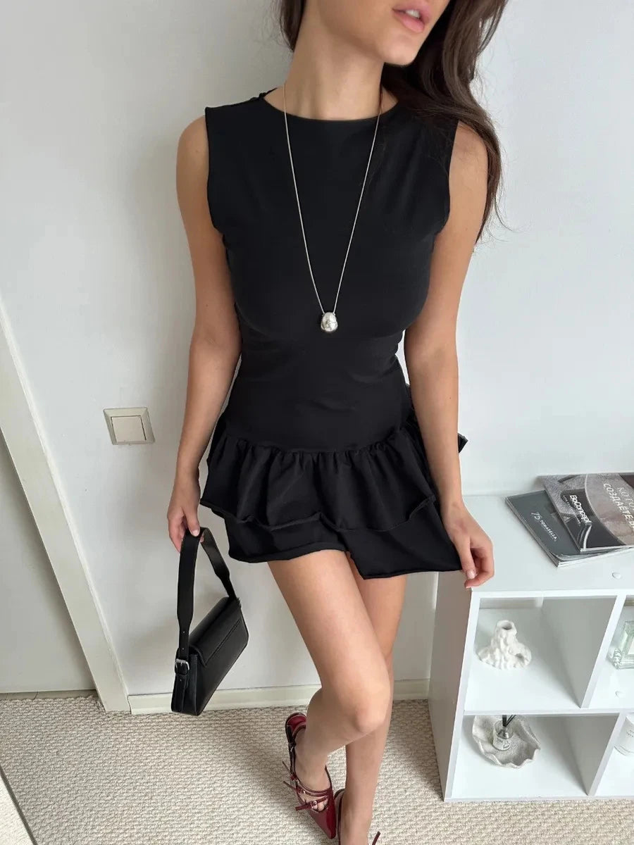 Women Mini Dress Women Elegant Sexy Solid Sleeveless Round Neck Nipped Waist Backless Evening Party Bubble Black Short Dresses