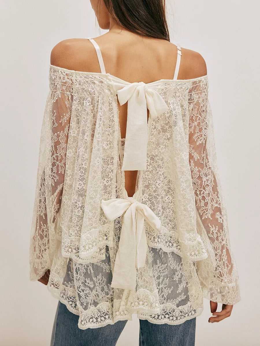 Women Sheer Lace Long Sleeve Tops Off Shoulder Lantern Sleeves Tiered Lace Solid Color See Through Tee Shirts