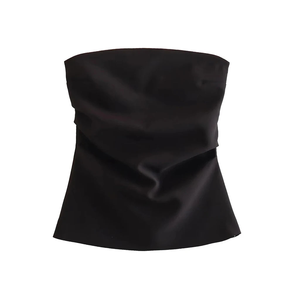 TRZA-Strapless Draped Bustier Tops for Women, Straight Neck, Back Zipper, Female Camis, Fashion