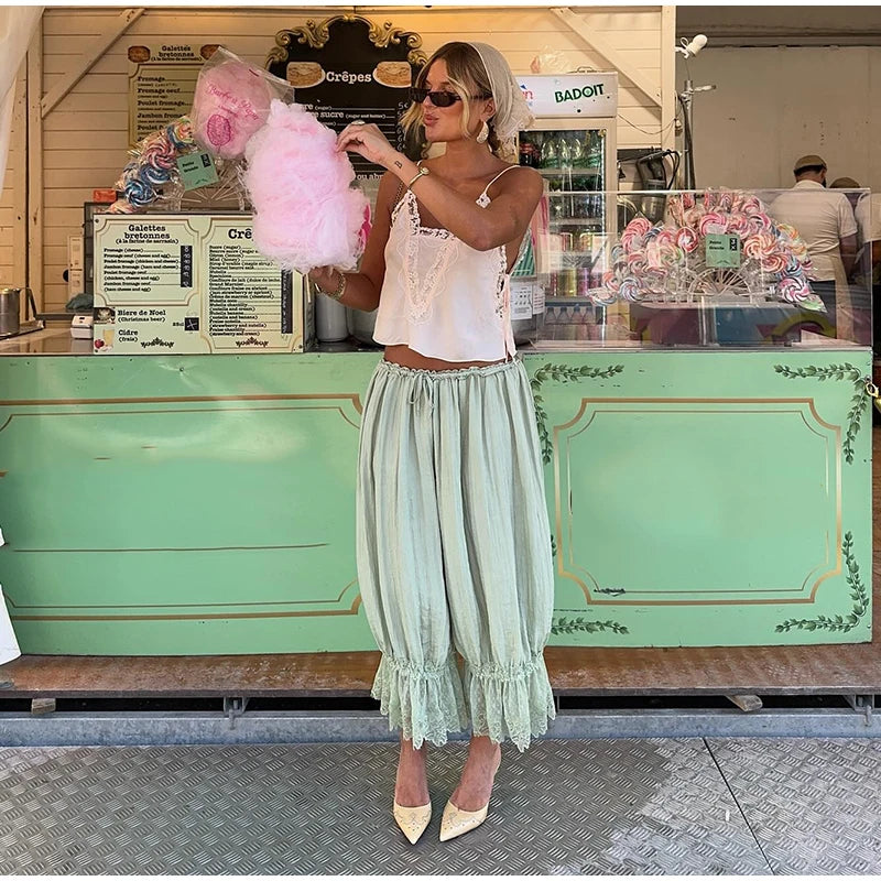 2025 Fashion Ruff Long Pants Women Casual Pleated Lace Lace Up Patchwork Straught Pants Lady Summer Chic Holiday Streetwear