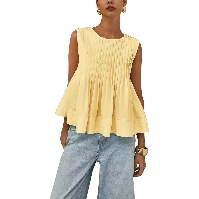 Women Sweet Ruffle Hem Vests Solid Color Summer Fashion Streetwear Female Sleeveless O-neck Tops Lady Casual Loose Camisole