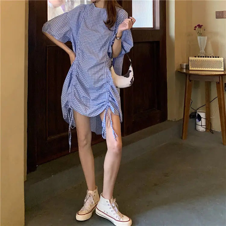Korean Plaid Printed Loose Midi Dress Summer Short Sleeve Stylish Shirring Drawstring Female Irregular Casual O-Neck Dresses New
