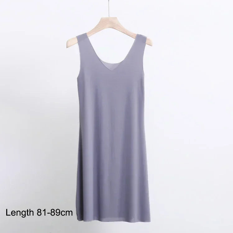 M-5XL Plus Size Full Slips Dresses For Women Summer Thin Seamless Ice Silk Petticoat Underskirt Sleeveless Underwear Dress Slips