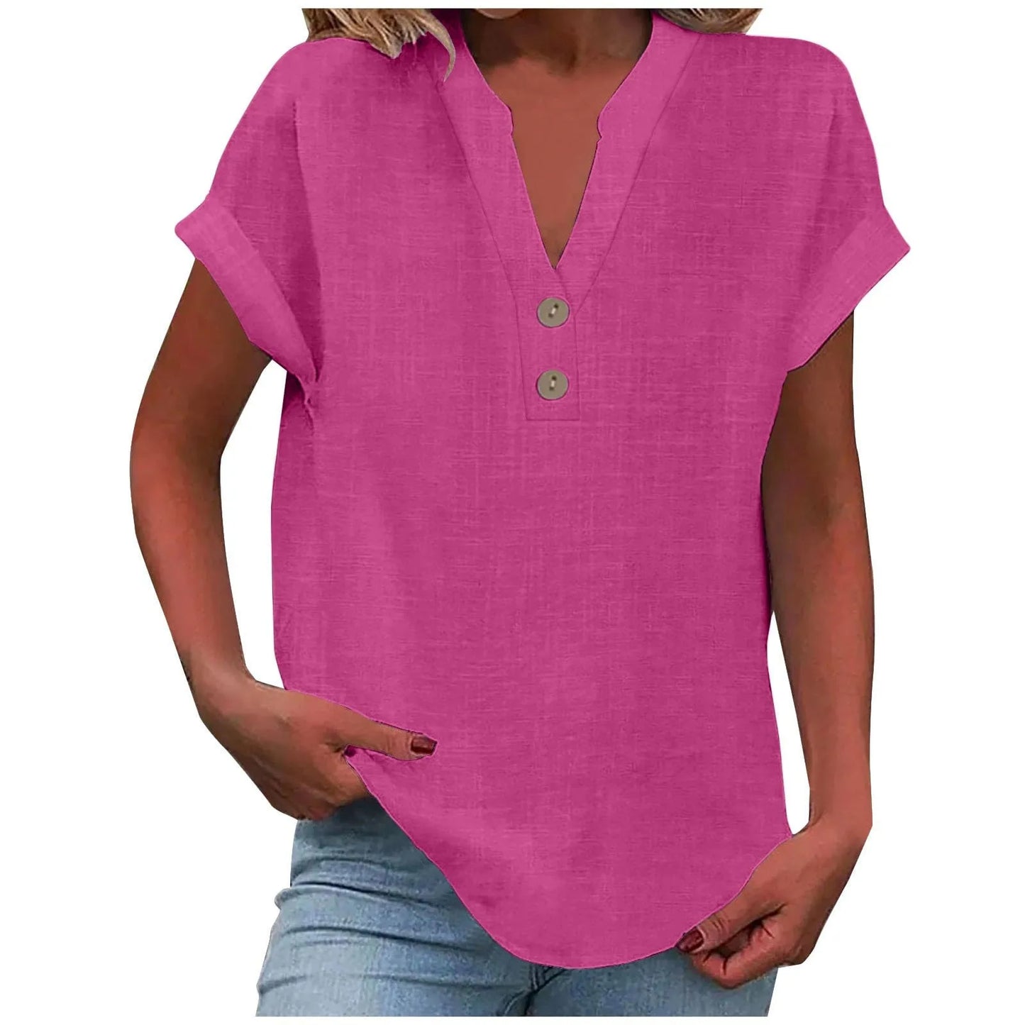 2025 Summer Cotton Linen Breathable Solid Color Button Down V-neck Shirt Basic And Versatile Casual Comfortable Lady Office Tops