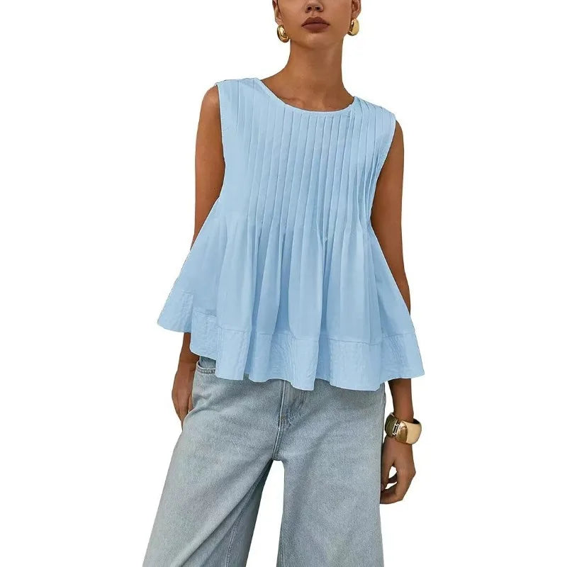 Women Sweet Ruffle Hem Vests Solid Color Summer Fashion Streetwear Female Sleeveless O-neck Tops Lady Casual Loose Camisole