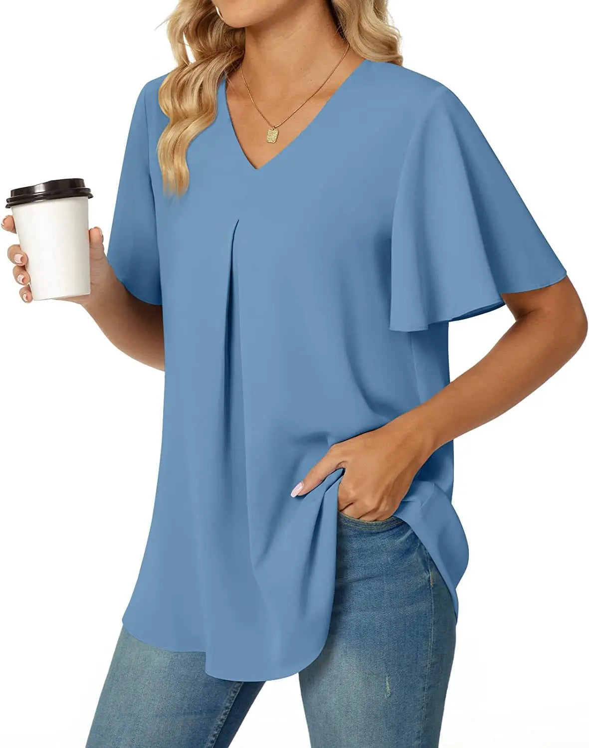 Sexy V Neck Ruffle Short Sleeve Blouse Shirts Summer Women V Neck Solid Color Loose OL Workout Blouse Tops SZE-ST23015