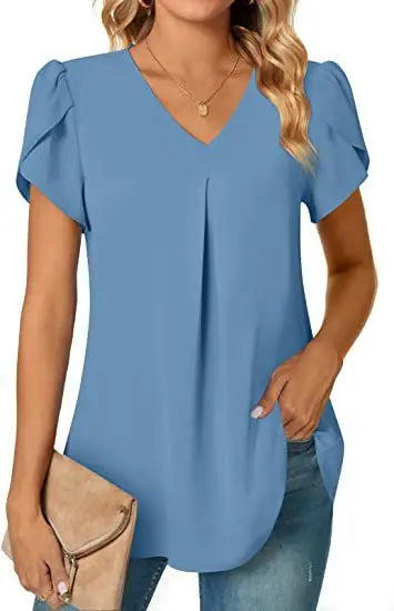 Sexy V Neck Ruffle Short Sleeve Blouse Shirts Summer Women V Neck Solid Color Loose OL Workout Blouse Tops SZE-ST23015