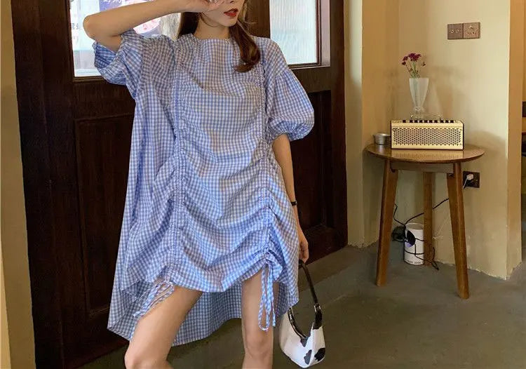 Korean Plaid Printed Loose Midi Dress Summer Short Sleeve Stylish Shirring Drawstring Female Irregular Casual O-Neck Dresses New