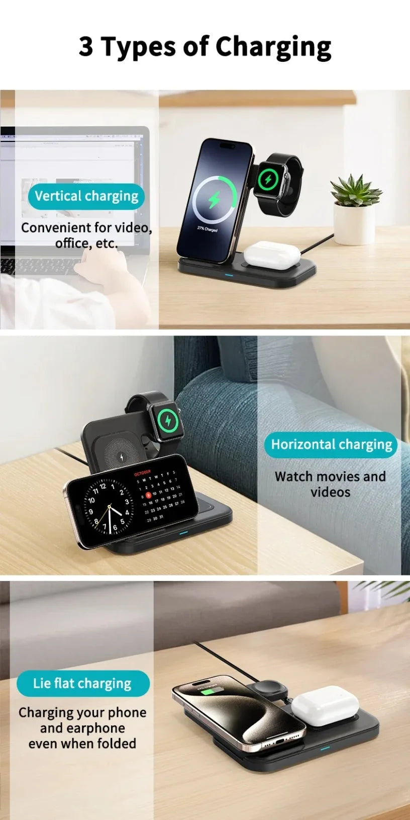 15W 3 in 1 Wireless Charger Fold Phone Chargers Desktop Charging Dock For iPhone 16-12 Pro iWatch 10~2 SE AirPods 4/3 Pro 2/1
