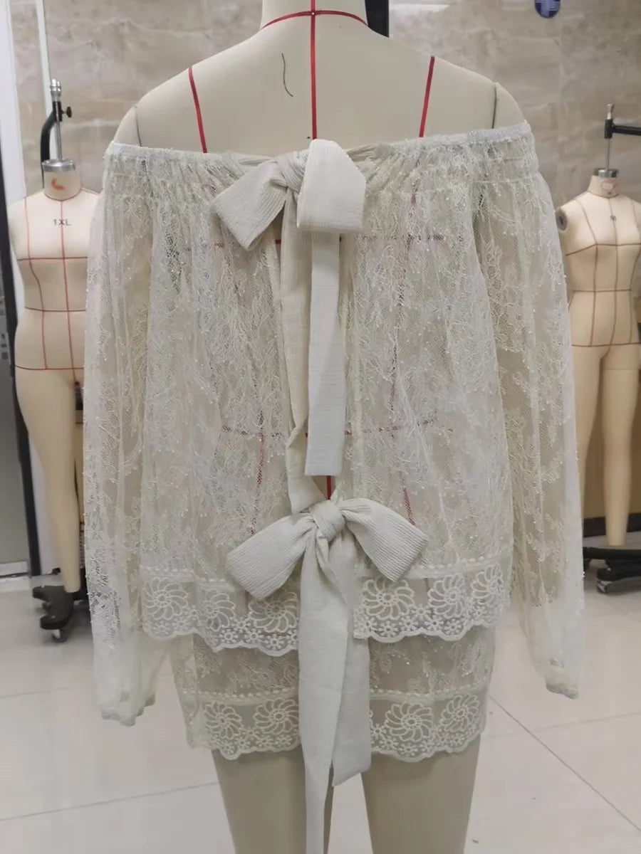 Women Sheer Lace Long Sleeve Tops Off Shoulder Lantern Sleeves Tiered Lace Solid Color See Through Tee Shirts