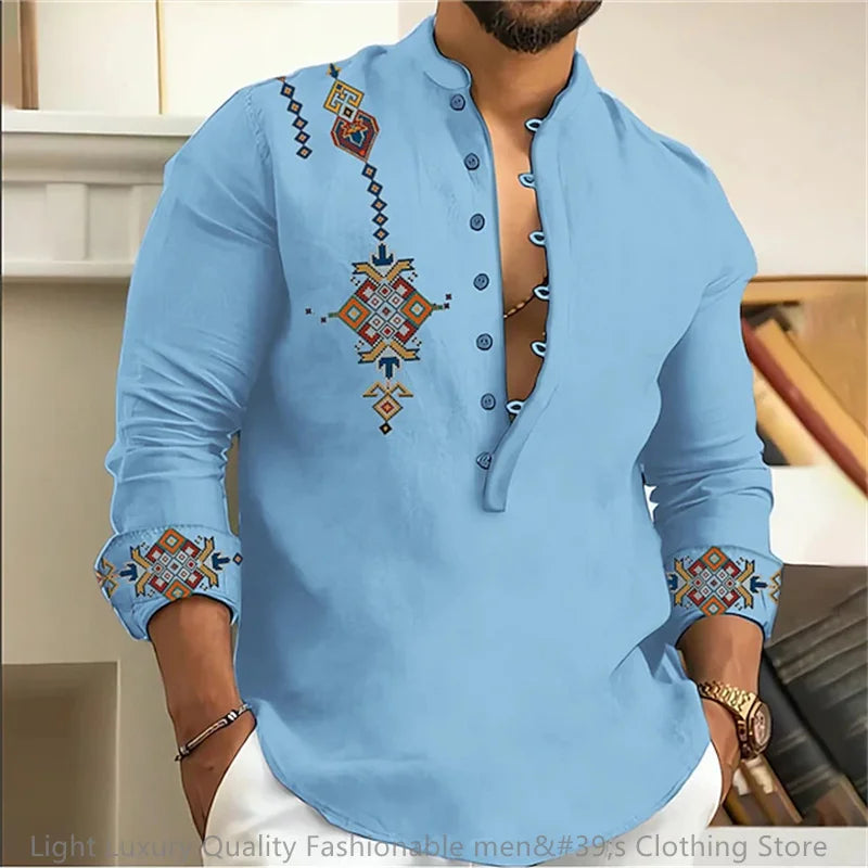 15-color men's shirt tribe pattern printing retro geometry leads outdoor street long-sleeved shirt super large size XS-6XL