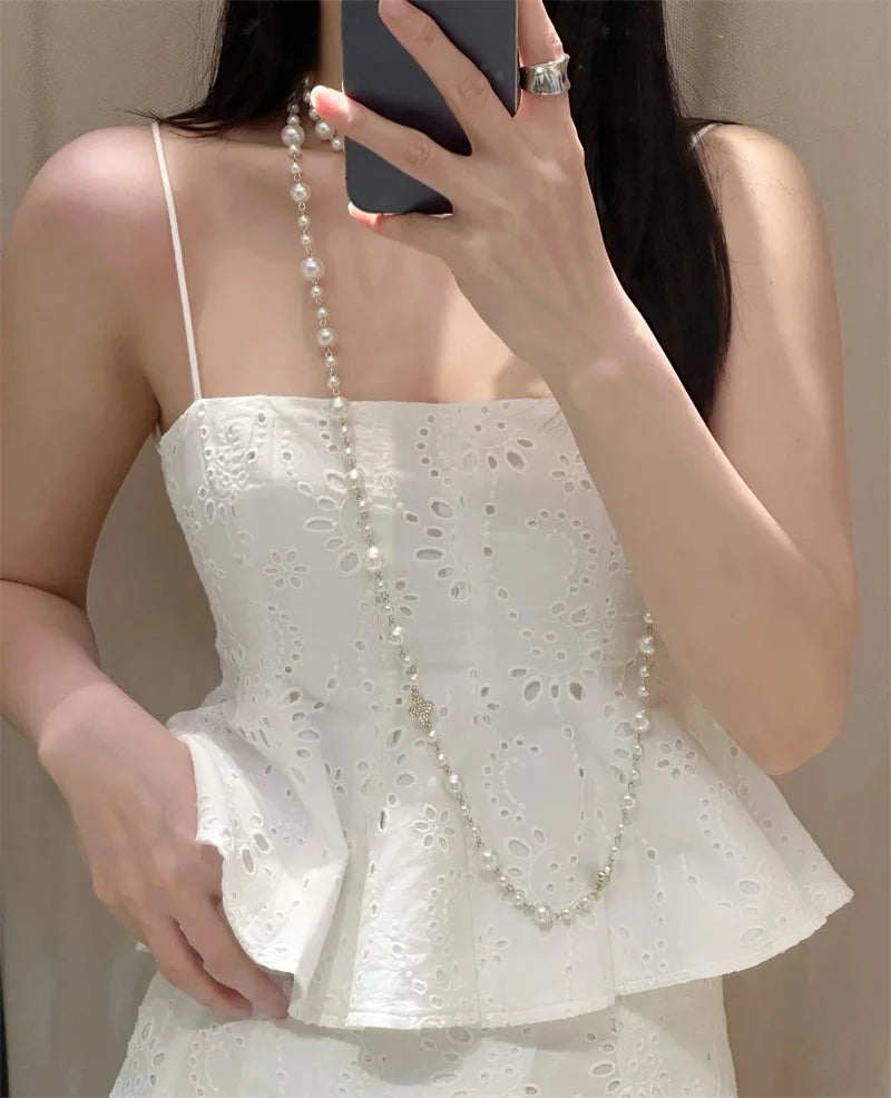 Ladies' Top 2025 Summer New Arrivals White Strap Wave Hem Top Embroidered Sexy Fashion Casual Versatile