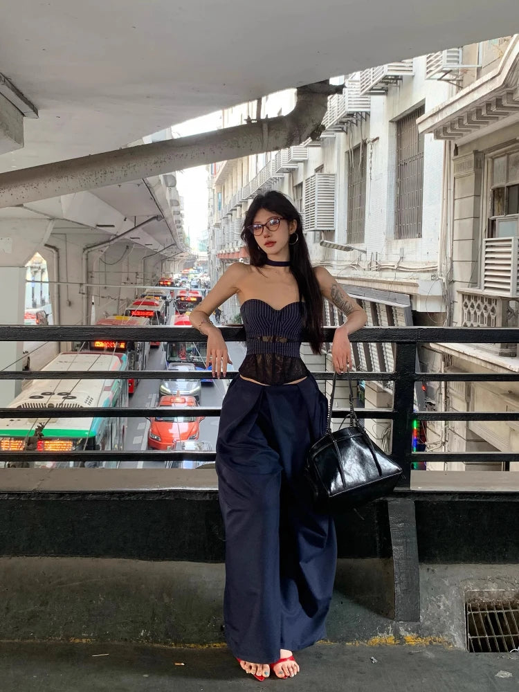 High Quality Hot Selling Wholesale Lace Vest Camisole Women's 2025 New Striped Patchwork Fishbone Corset Strapless Top Y2k Sexy