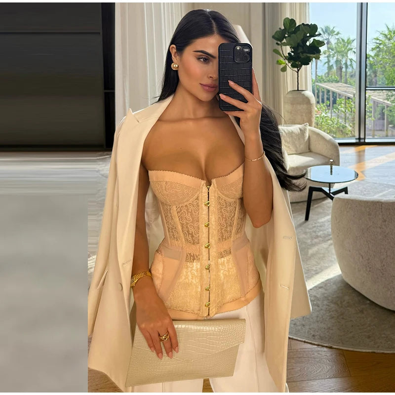 Sexy Lace Strapless Hollow Out Corset Women Bandage Party Wear Off Shoulder Slim Chic Vest Backless Sleeveless High Street Tops