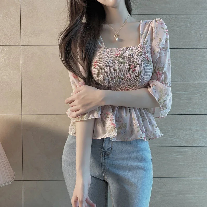 Blouses Women Slim Floral Print Lantern Sleeve Elegant Female Temperament Schoolgirls Summer All-match Leisure Holiday Clothes
