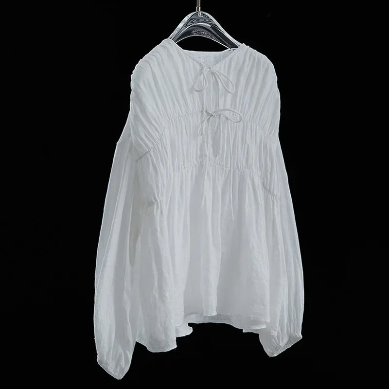 Komiyama  O Neck Lace Up Shirts Blouses Vintage Elegant Pleated Blusas Mujer Spring Clothes Women Japan Fashion Shirt Tops