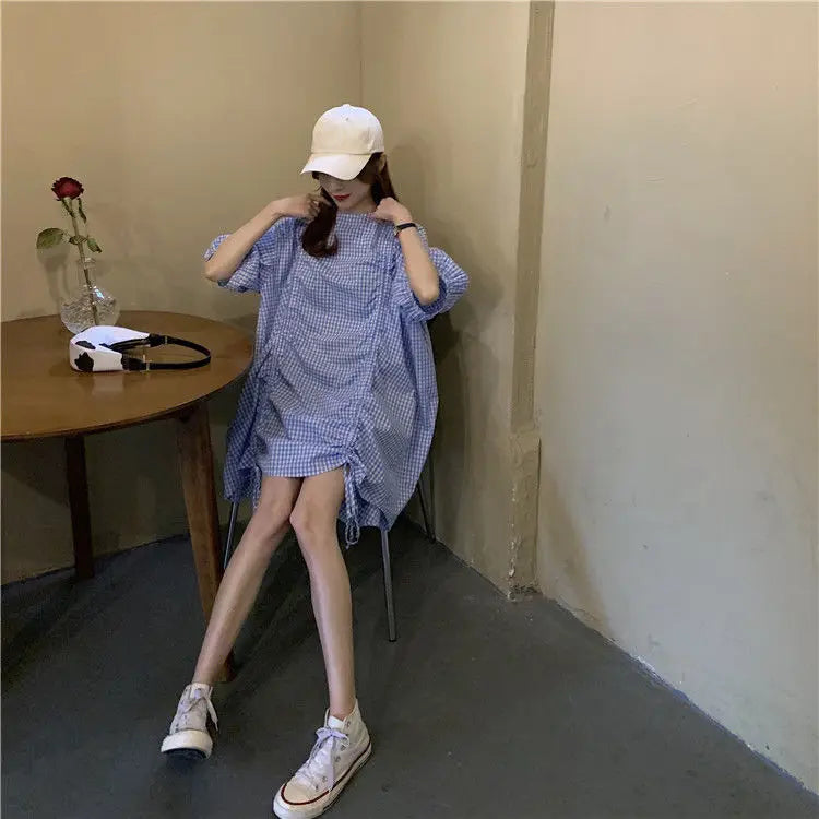 Korean Plaid Printed Loose Midi Dress Summer Short Sleeve Stylish Shirring Drawstring Female Irregular Casual O-Neck Dresses New