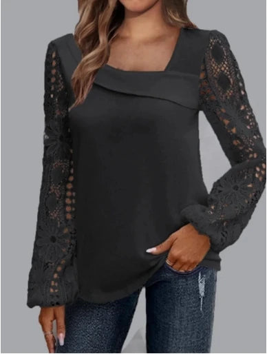 Slant Neck Solid Color Long Sleeved Lace Printed Women's Shirt Fashionable Elegant Office Urban Style Spring Top