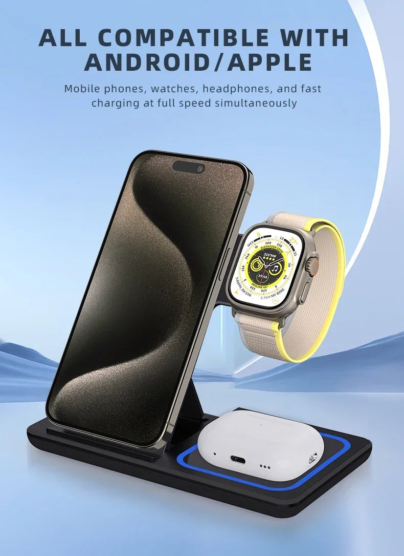 3 in 1 Wireless Charger Stand  For iPhone 16 15 14 13 12 11 X  iWatch 8 7 6  Airpods Pro 30W Foldable Fast Charging Dock Station