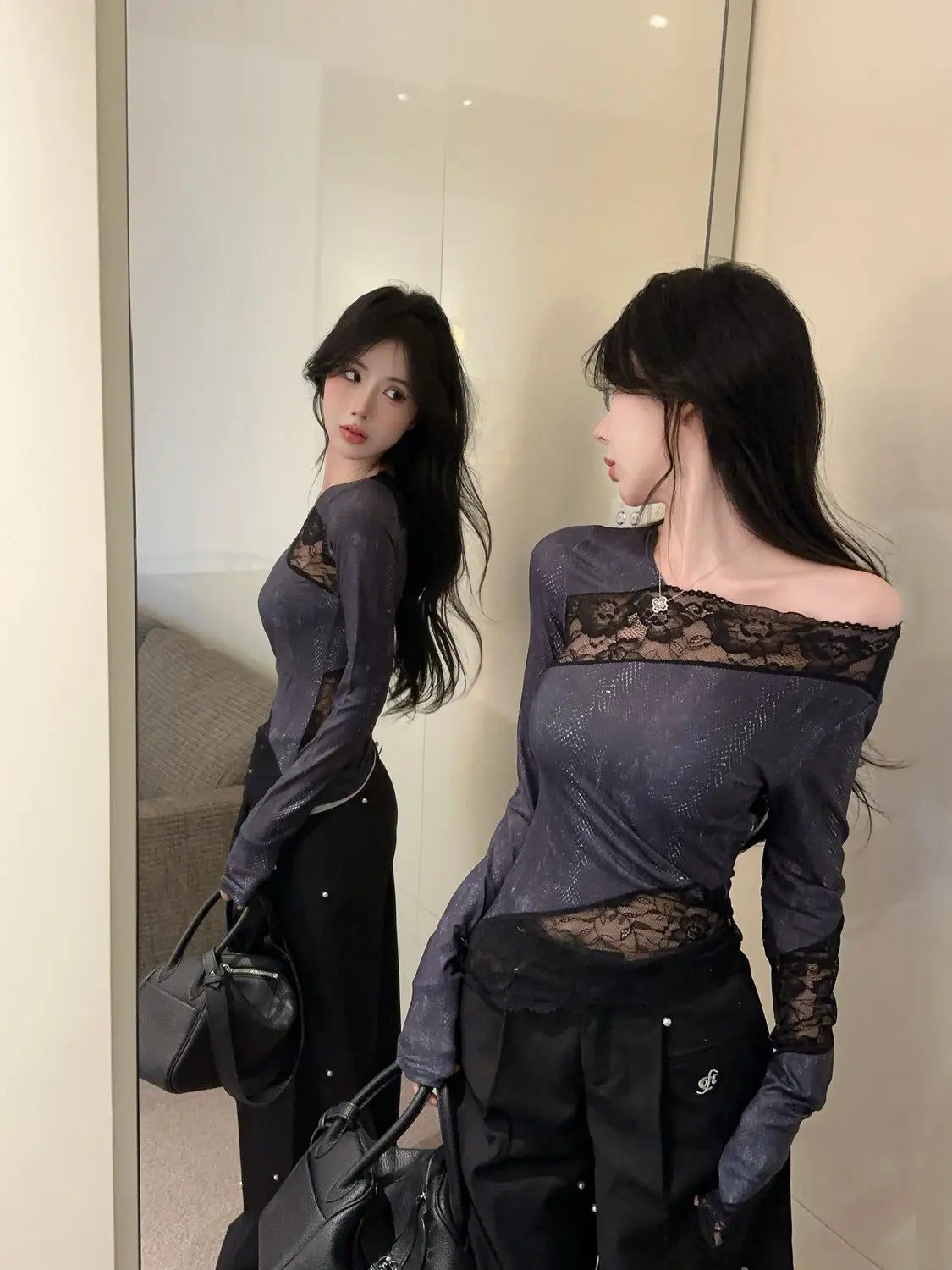 Hot Girl Style Lace Retro Long-sleeved T-shirt in Spring Wear Fashionable Slim Fit and Irregular Top