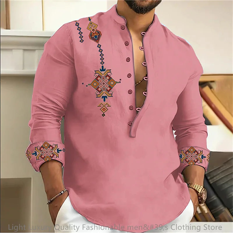 15-color men's shirt tribe pattern printing retro geometry leads outdoor street long-sleeved shirt super large size XS-6XL