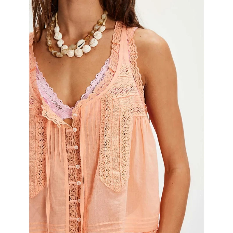 Combhasaki Women 2Pc Chic Outfits Set Floral Lace Trim Patchwork Sleeveless Tie Front Tank Vest+Drawstring Cropped Lantern Pants