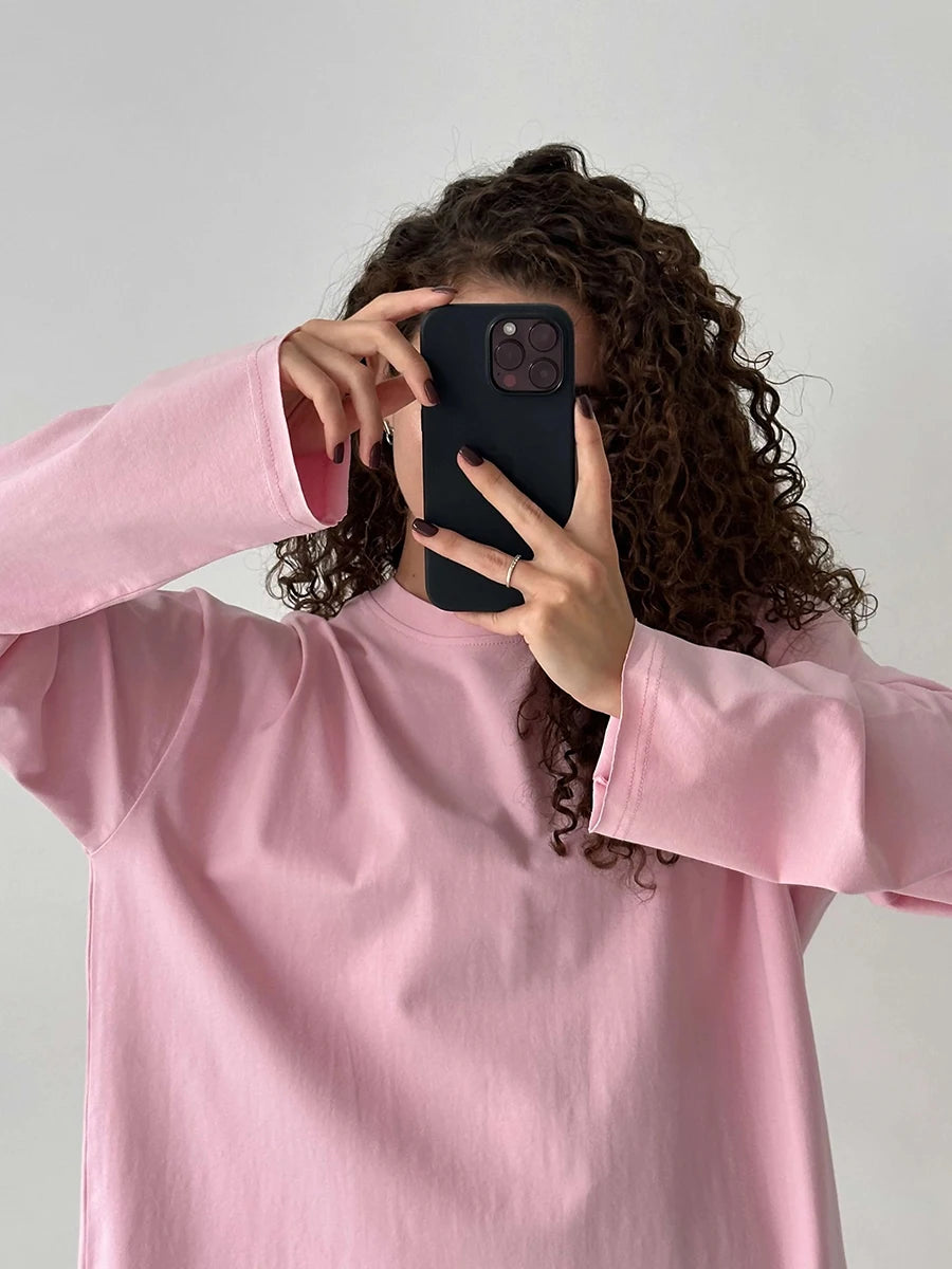 Bornladies Women Autumn 100% Cotton T-shirt Bottoming Spring Basic Fashionable Solid Lady Long Sleeve Loose Tops Shirts