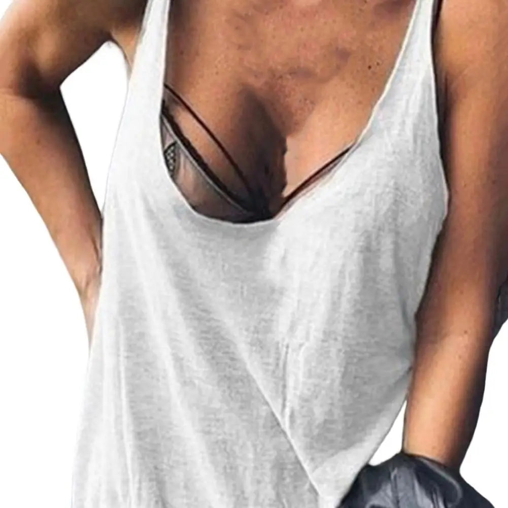 Lady Casual Solid Color Loose Tees U-neck Sleeveless Thin Women Vest Low Collar Stretchy Lady Summer Simple T-shirt Streetwear