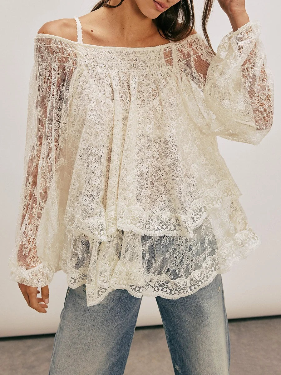 Women Sheer Lace Long Sleeve Tops Off Shoulder Lantern Sleeves Tiered Lace Solid Color See Through Tee Shirts