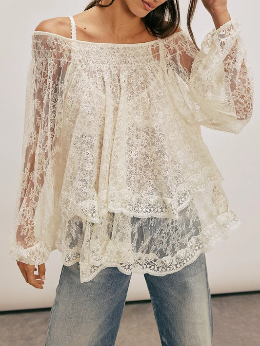 Women Sheer Lace Long Sleeve Tops Off Shoulder Lantern Sleeves Tiered Lace Solid Color See Through Tee Shirts