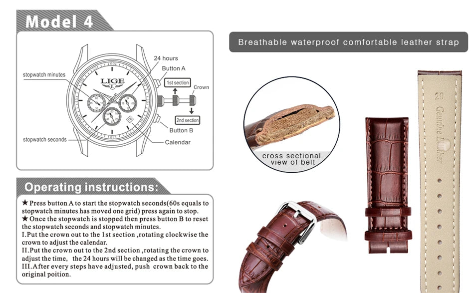 LIGE Watches Men 2024 Top Brand Luxury Casual Leather Quartz Men Watch Man Business Clock Male Sport Waterproof Date Chronograph