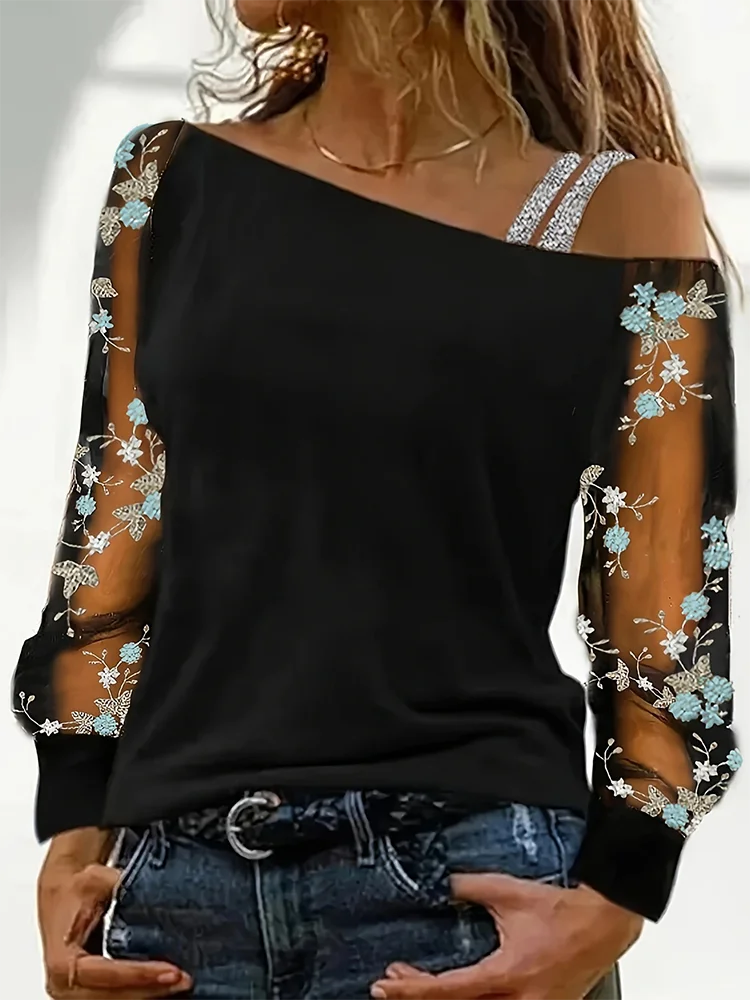 Women Fashion Casual Diagonal Collar Long Sleeve Tops Ladies Sexy Off Shoulder Loose T-shirts Net Yarn Pullover Blouses