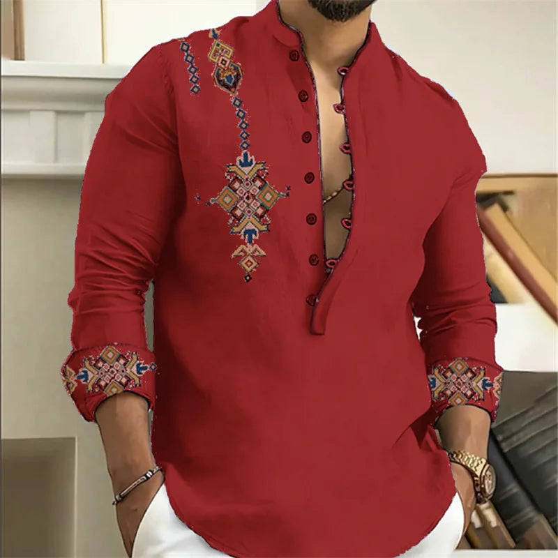 15-color men's shirt tribe pattern printing retro geometry leads outdoor street long-sleeved shirt super large size XS-6XL