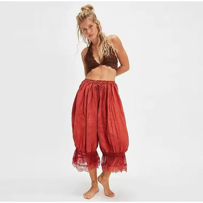 2025 Fashion Ruff Long Pants Women Casual Pleated Lace Lace Up Patchwork Straught Pants Lady Summer Chic Holiday Streetwear