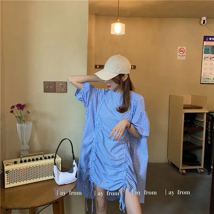 Korean Plaid Printed Loose Midi Dress Summer Short Sleeve Stylish Shirring Drawstring Female Irregular Casual O-Neck Dresses New
