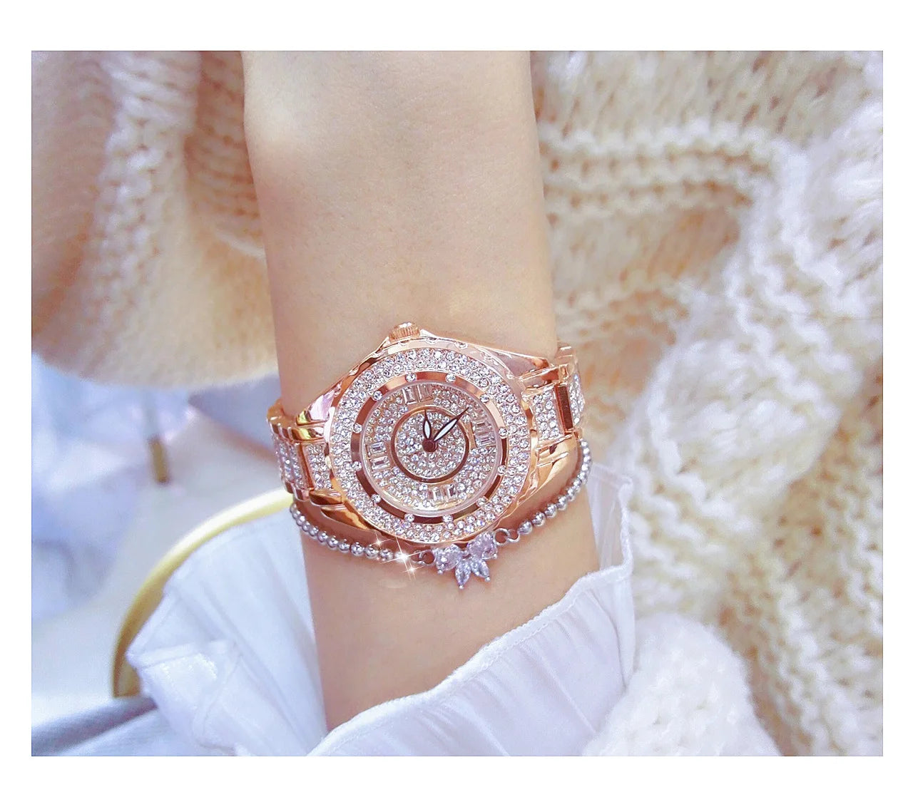 2025 Crystal Diamond Watches For Women Gold Original Elegant Ladies Watch With Bracelet Set Rose Gold Gift For Girlfriend Wife