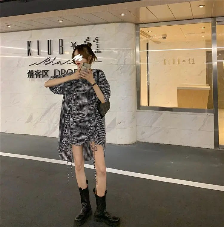 Korean Plaid Printed Loose Midi Dress Summer Short Sleeve Stylish Shirring Drawstring Female Irregular Casual O-Neck Dresses New