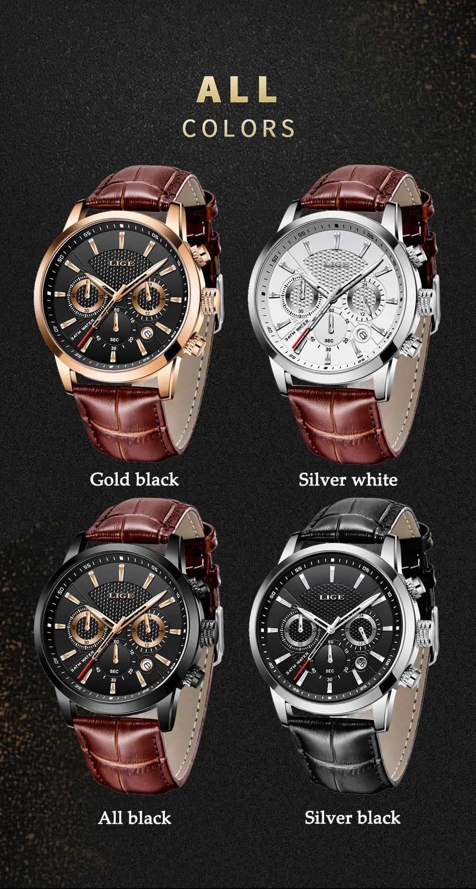 LIGE Watches Men 2024 Top Brand Luxury Casual Leather Quartz Men Watch Man Business Clock Male Sport Waterproof Date Chronograph