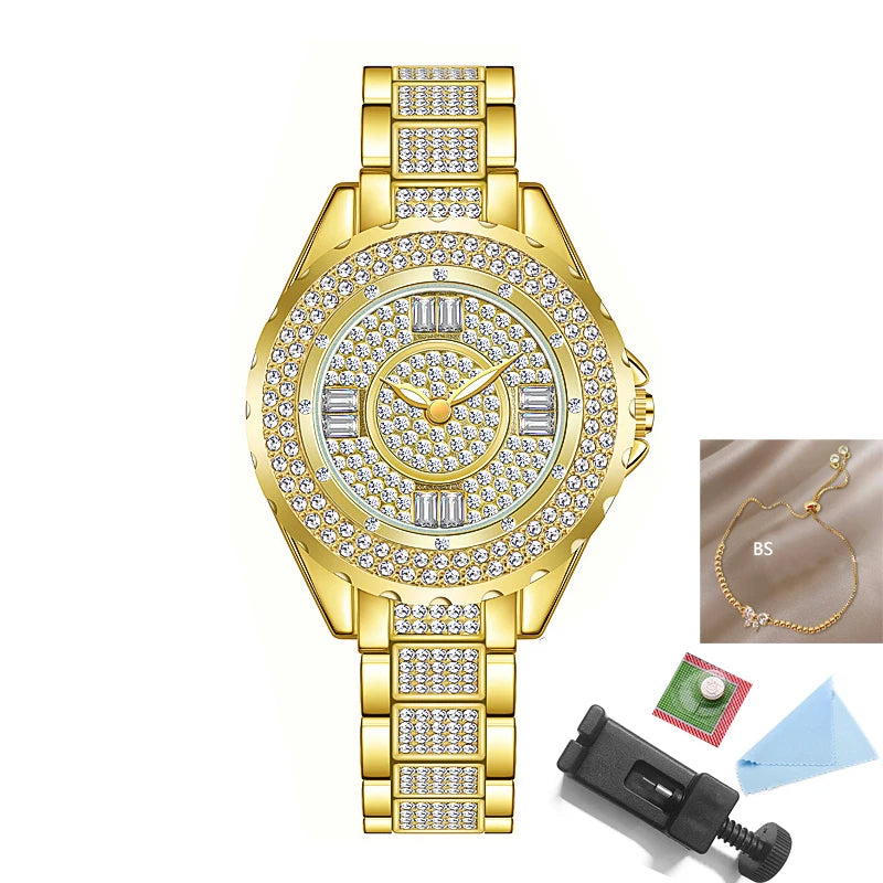 2025 Crystal Diamond Watches For Women Gold Original Elegant Ladies Watch With Bracelet Set Rose Gold Gift For Girlfriend Wife