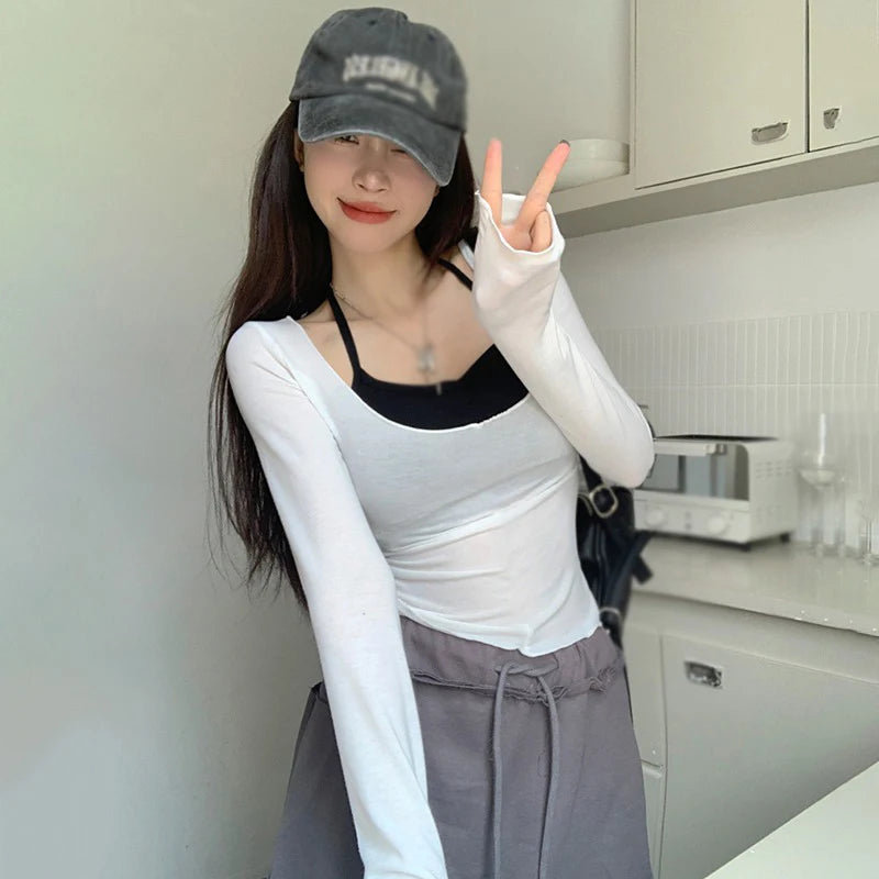 Ladies Top Long Sleeves T-shirt Two Piece Set Women's Short Halter Camisole All Match Patchwork Top Autumn Tight Crop Top
