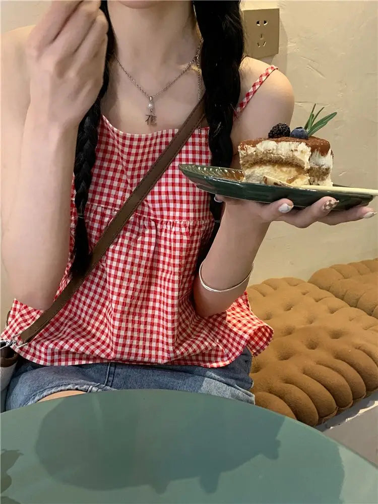 Red Plaid Camisole Women Backless Hotsweet Bandage All-match Loose College Personality Chic Summer Korean Style Fashion Ulzzang