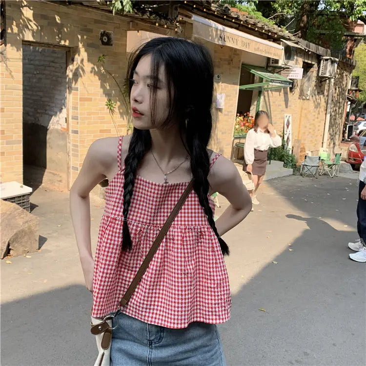 Red Plaid Camisole Women Backless Hotsweet Bandage All-match Loose College Personality Chic Summer Korean Style Fashion Ulzzang